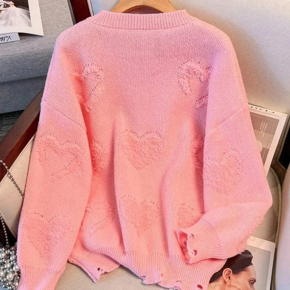 Pink Casual Women's Plus Size Solid Heart Pattern Knitted Sweater - Picture 2 of 8